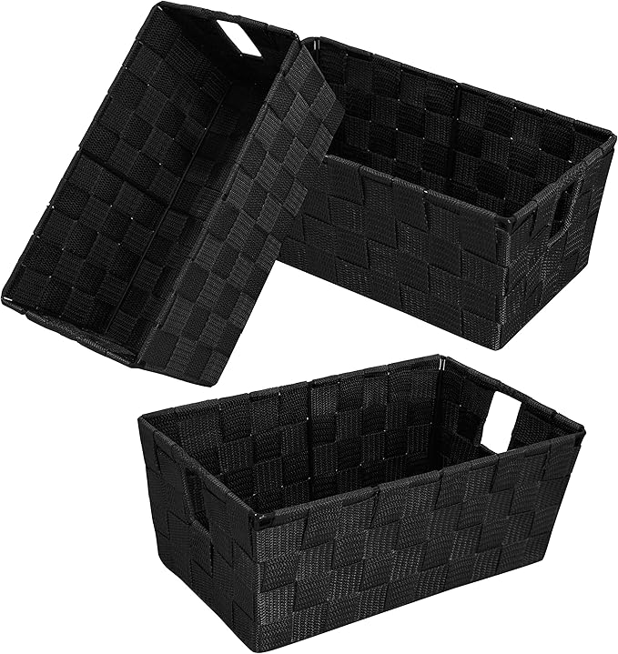 homyfort Woven Black Storage Baskets Shelf Tote Boxes Container, Durable Storage Organizer Bins with Built-in Handles for Bedroom, Office, Closet, Kids Room, Nursery, 3-Pack,11.4”x 6.5”x 4.5”