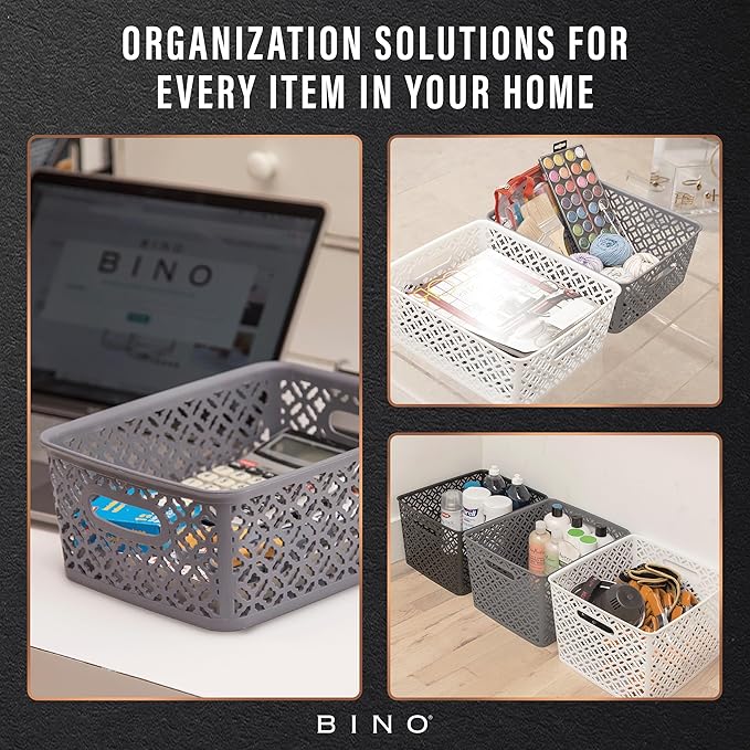 BINO l Plastic Storage Baskets, Medium - White | THE BLOSSOM COLLECTION l Multi-Use Organizer Bin l Built-in Handles l Plastic Woven Basket for Organizing l Pantry & Home Organizing Basket