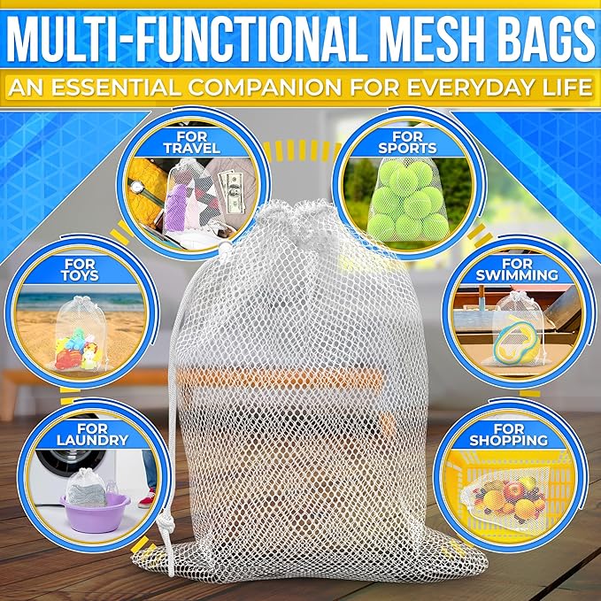 5 PCs Mesh Laundry Bags Drawstring – Small Mesh Bag White 11.8 x 7.48" – Multipurpose Nylon Net Bags with Tight Closure for Storing Balls, Clothes, Sports Gear at Gym, Beach, Laundry, & Travel Use