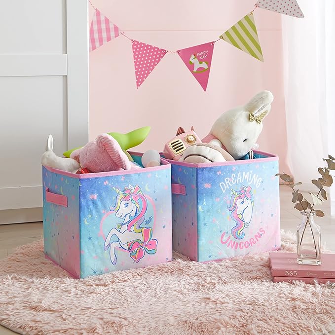 Idea Nuova JoJo Siwa Rainbow Bow Dreamy Unicorn Set of Two Spacious Collpasible Storage Cubes, 10"x10"
