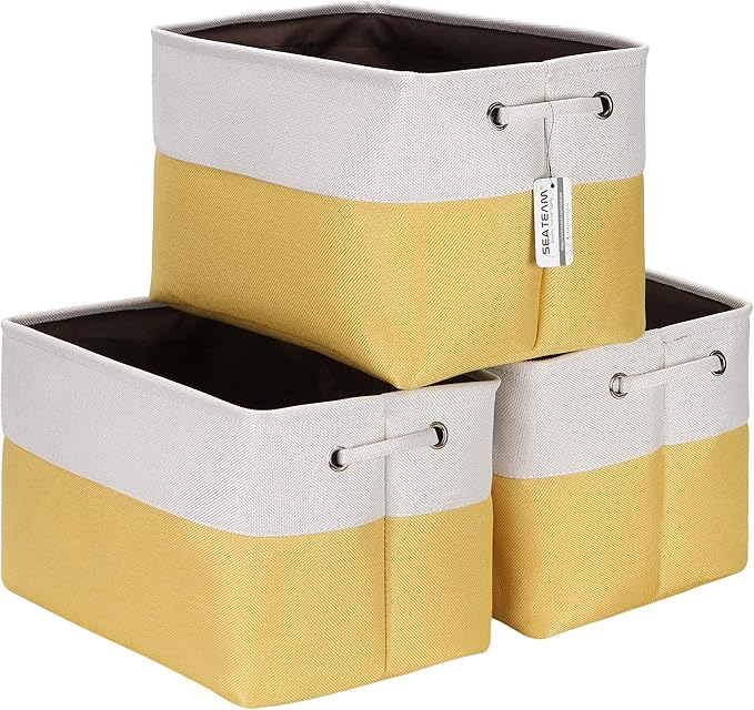 Sea Team 3-Pack Large Storage Basket Set, Trunk Organizer, Clothes Toys Bin, 15 x 10 x 10 Inches, Big Rectangular Canvas Fabric Collapsible Shelf Box with Handles for Kids Room (Yellow/White)