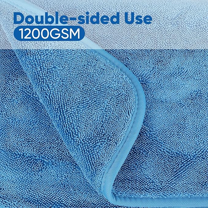 HOMEXCEL Professional Car Drying Towel (36"x 24") with Twisted-Loop Technology, 1200GSM for a Streak-Free Finish – Microfiber Towels for Cars, Trucks, SUVs, RVs and Motorcycles, Blue