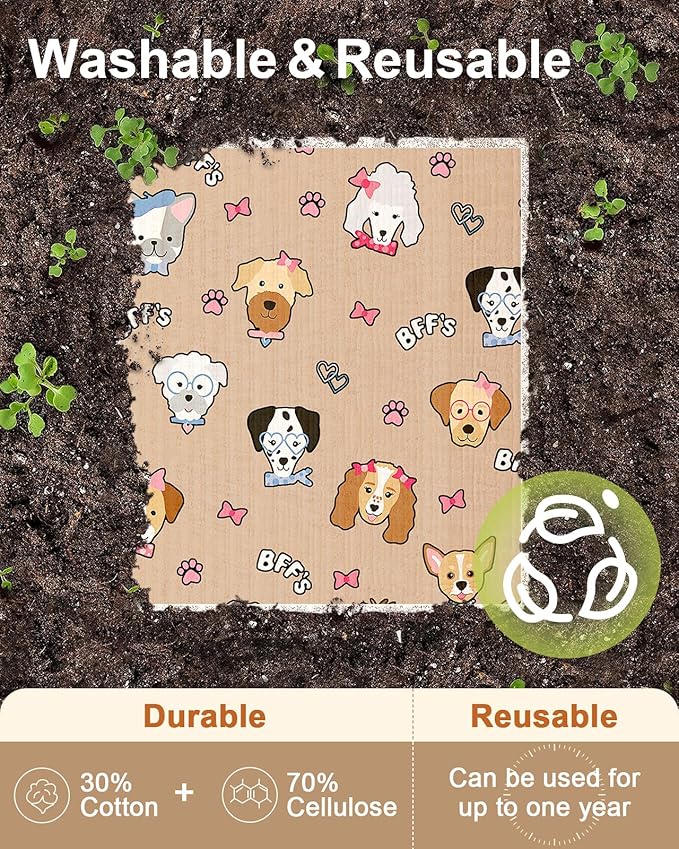 Kitchen Swedish Dishcloths with Hooks - 6 Pack Reusable Dish Cloths for Washing Dishes Fast Drying Cute Fun Swedish Dish Towels Washable Cleaning Sponge, Furry Dog