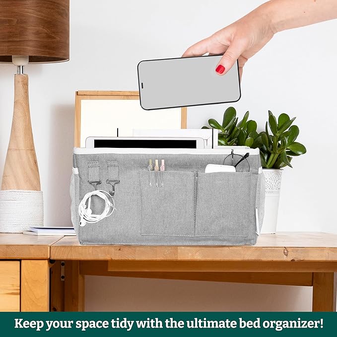 ADVANCELLPRO Bedside Caddy Organizer Hanging Storage Bag with Pockets for Books, Magazines, Phone, Tablet & Water Bottle – Bedside Storage for Dorm, Bunk Beds, Hospital Beds & Cribs,Grey