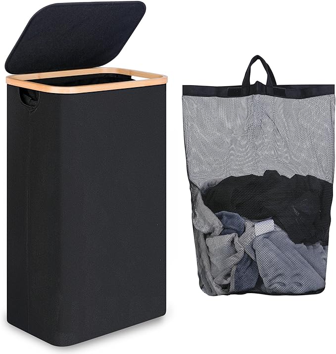 75L Slim Laundry Hamper, Narrow Laundry Basket with Lid,Foldable Clothes Hamper with Bamboo Handles,Hamper Basket with Removable Inner Bag for Laundry Room Bedroom College Dorm,19.8 Gals Black