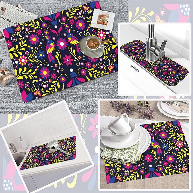 3Pcs Mexican Floral and Bird Dish Drying Mat & Kitchen Sink Splash Guard Faucet Mat For Kitchen Counter Absorbent Microfiber Dishes Pad Dish Drainer Rack Mats Fast Dry Kitchen Accessories