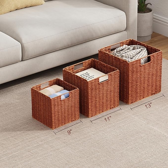 Vagusicc Wicker Storage Basket, Set of 2 Hand-Woven Paper Rope Wicker Baskets, Foldable Cube Storage Bins, 11 inch Storage Basket, Square Baskets for Organizing Shelves & Decor, Orange (11″×11″×11″)