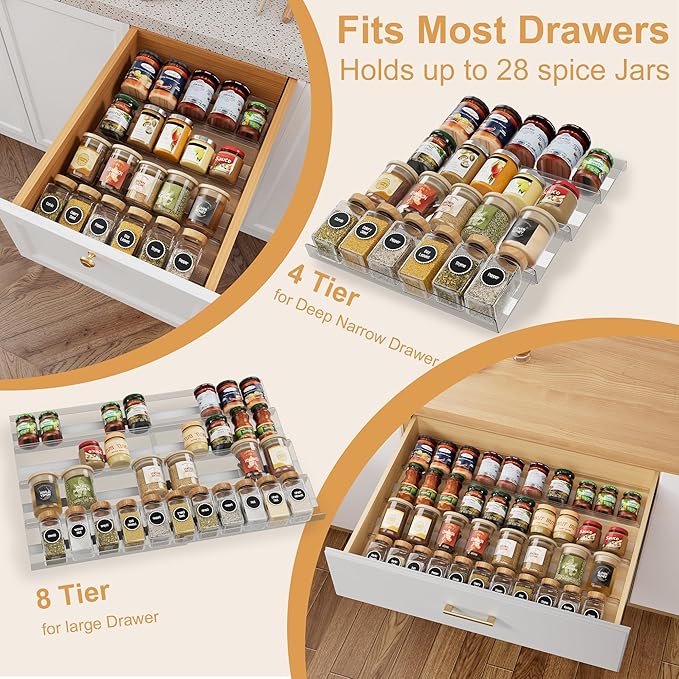 4-Pack Adjustable Spice Rack Organizer for Drawer, Expandable Seasoning Storage (13" to 26") with Anti-Slip Mat, Acrylic Tiered Spice Tray for Condiment, Nail Polish and Jar Organization