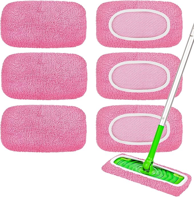 6-Pack Reusable Mop Pads Compatible with Sweeper Mop - 100% Coral Fleece Washable Refills - Microfiber Dry & Wet Sweeping Cloths for Multi-Surface/Hardwood Floor Cleaning- Pink