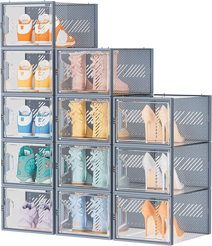 Shoe Storage, 12 Pack X-Large Shoe Organizer for Closet, Shoe Boxes Clear Plastic Stackable Shoe Storage Boxes for Size 13