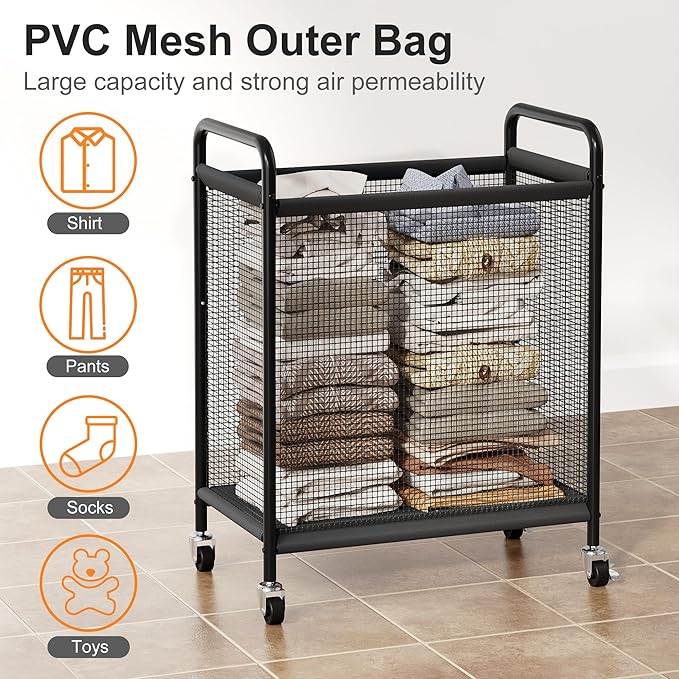 WOWLIVE Rolling Laundry Hamper with Wheels, 90L Laundry Basket with Removable Liner Bag, Laundry Sorter with Metal Handle, Large Capacity Clothes Hamper for Laundry Room, Bathroom and Dorm, Beige