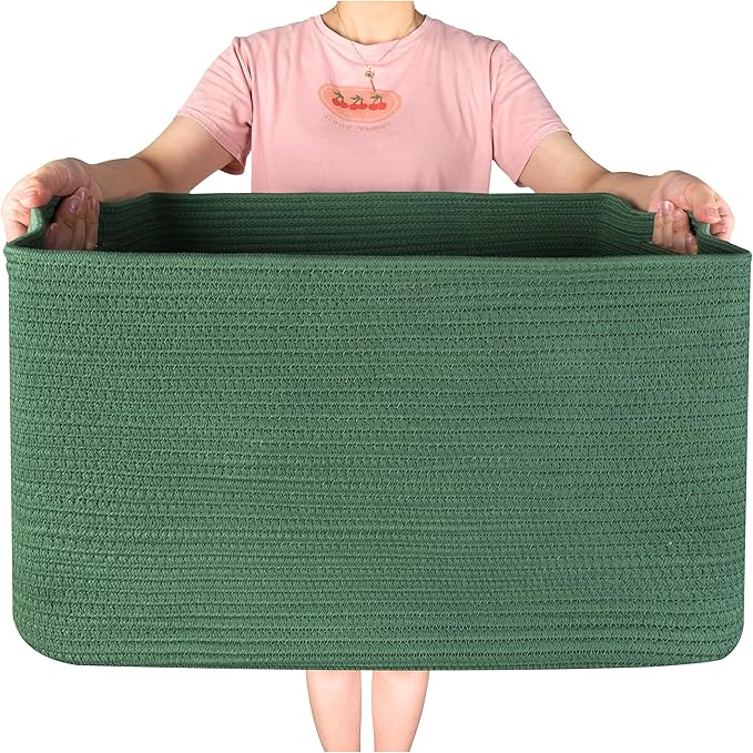 MINTWOOD Design 22in Extra Large Blanket Basket Holder Living Room, Rectangle Rope Woven Storage Basket with Handles for Laundry, Pool Towels, and Shoes, Dog Toy Organizer Bin Box, Forest Green