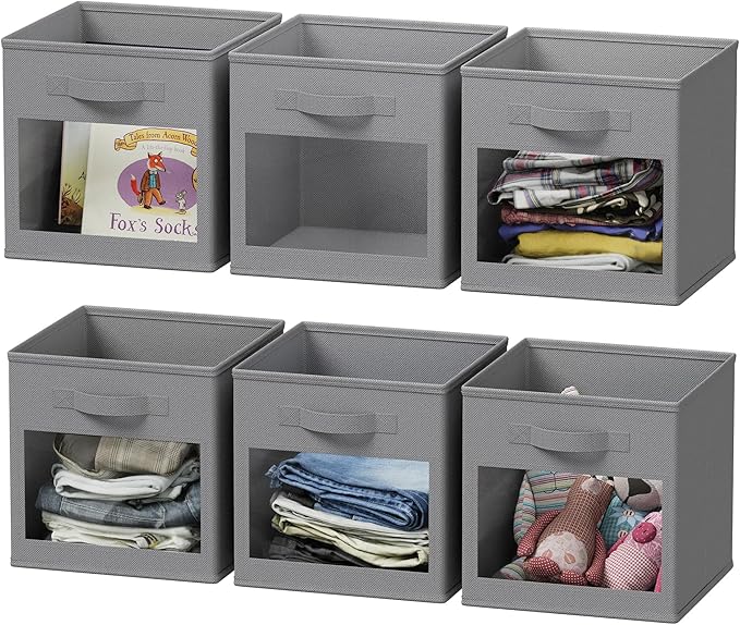 SpaceAid Storage Cubes with Clear Windows, Set of 6 Fabric Bins, 11 Inch Foldable Baskets Boxes for Closet, Cubby Shelf or Cube Storage Organizer, Grey