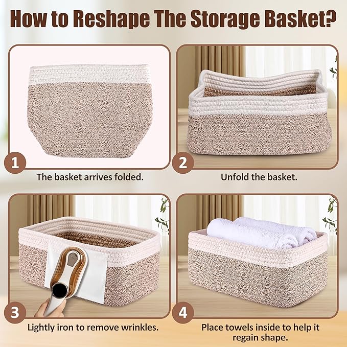 5-Pack Small Woven Rope Storage Baskets – 2 Sizes Organizer Bins for Closet, Shelf, Bookshelf, Nursery, Changing Table, Fabric Cube Boxes, Rectangular Shallow Bins for Bathroom, Toy & Home