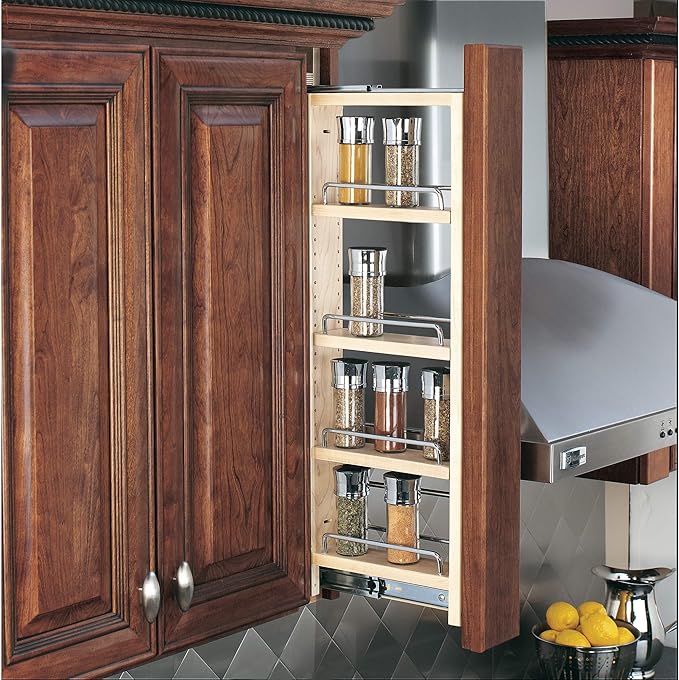 Rev-A-Shelf 3"W x 30"H Pullout Shelf Organizer for Between Wall Kitchen Cabinets, Filler Spice Rack & Seasoning Storage Holder, Maple Wood, 432-WF-3C