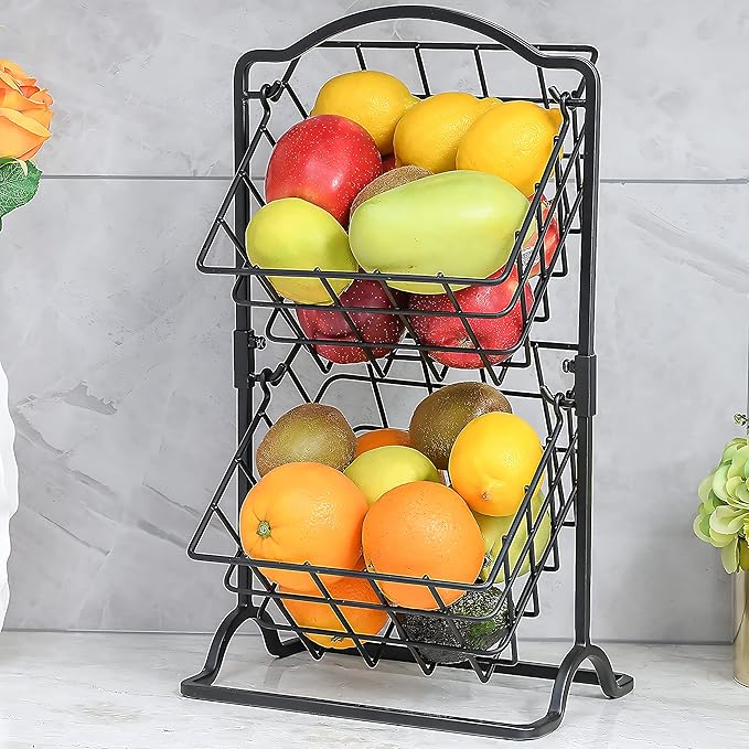 Wetheny 2 Tier Iron Fruit Basket Fruit Bowl for Kitchen Counter,Bread,Fruit and Vegetable Holder Storage Basket,Wire Hanging Basket stand for Kitchen Organizer, Matte Black