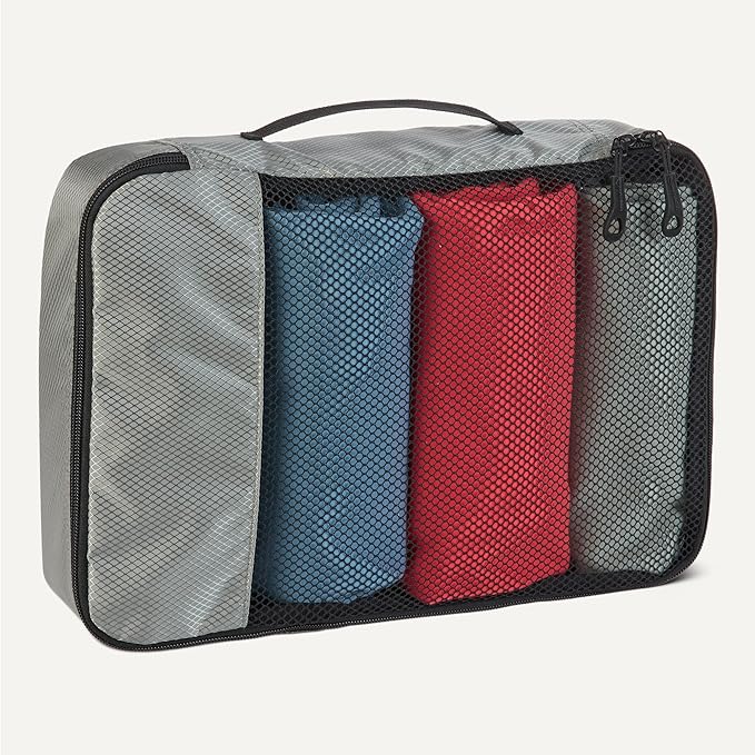 Amazon Essentials 4-Piece Packing Cubes Travel Accessories Set, Luggage Organizer with Double Zipper, Mesh Top, 100% Polyester, Medium, Gray (Previously Amazon Basics)