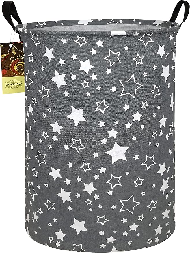HUNRUNG Laundry Hamper,Large Canvas Fabric Lightweight Storage Basket Toy Organizer Dirty Clothes Collapsible Waterproof for College Dorms, Children Bedroom,Bathroom（Round star）