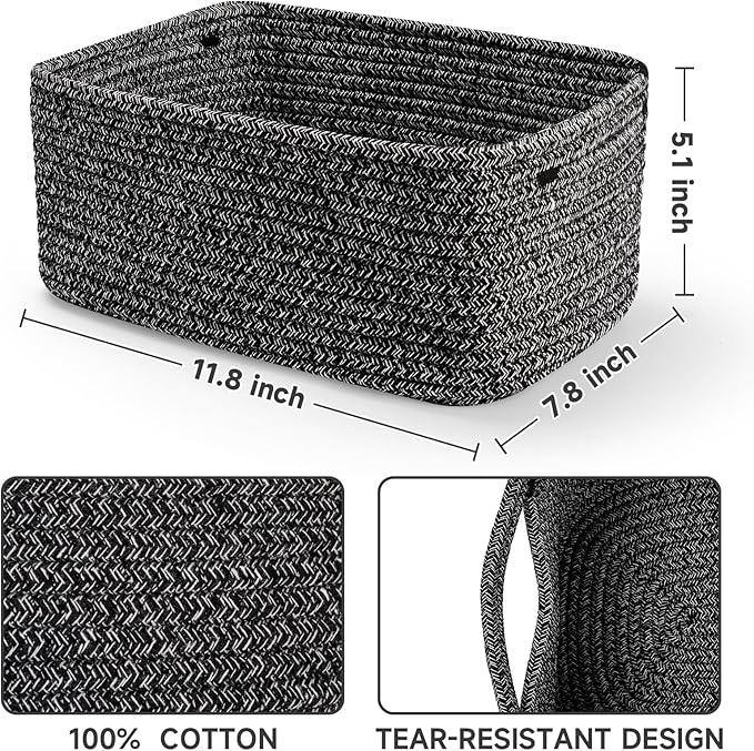 3-Pack Shelf Baskets for Organizing, Closet Organizer Bins, Small Woven Baskets, Rope Toy Basket, Storage Basket for Shelves, Cube Decorative Box, 11.8×7.8×5.1”, Mixed Black