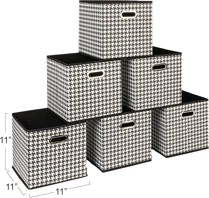 Household Essentials Fabric Storage Bins 6 Piece Set, Houndstooth White and Black (Pack of 6)