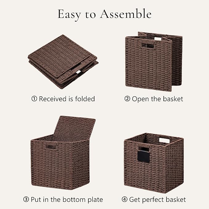 UBBCARE 2 Pack Wicker Basket, 12×12 Storage Cubes with Label, Foldable Cube Storage Bin with Handle, Square Storage Basket for Shelves, Woven Paper Rope Basket for Organizing, Brown