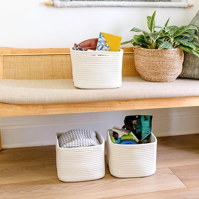 NaturalCozy Storage Cubes 9”x9”x7”Cotton Rope Woven Baskets for Organizing 3-Pack | 9 Inch Cube Storage Bin | Small Basket for Shelf Nursery, Pantry, Decorative Plant, Bathroom Closet, Toy Gift
