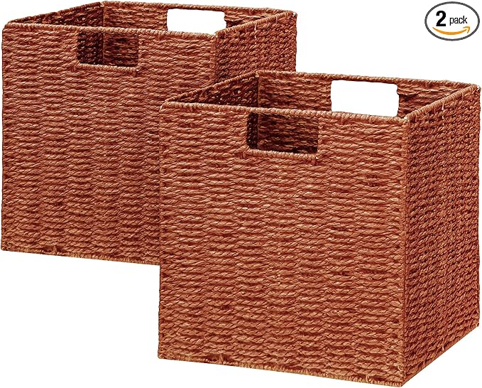 Vagusicc Wicker Storage Basket, Set of 2 Hand-Woven Paper Rope Wicker Basket, Foldable Cube Storage Bins, Square Large Storage Baskets for Organizing Shelves & Decor, Orange (13″×13″×13″)