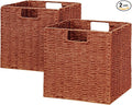 Vagusicc Wicker Storage Basket, Set of 2 Hand-Woven Paper Rope Wicker Basket, Foldable Cube Storage Bins, Square Large Storage Baskets for Organizing Shelves & Decor, Orange (13″×13″×13″)