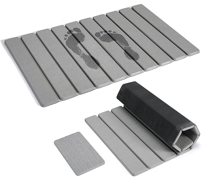 BJSNEIF Rolling Up Stone Bath Mat for Bathroom, Foldable with Absorbing Tray, Quick Drying, Non-Slip, Gray, 15.4x23.6 Inch, 2-Piece Set