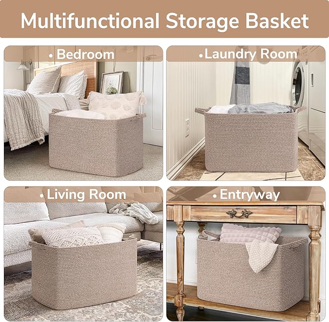 Goodpick 105L Large Woven Storage Basket, Rectangle Cotton Rope Basket for Blankets, Clothes, Oversized Toy Storage Organizer for Living Room, Nursery, 25"x16"x16", Brown