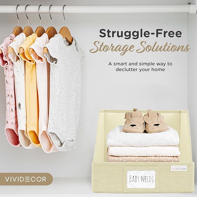 VIVIDECOR Trapezoid Closet Bins for Shelves – 12x12x10 Fabric Storage Baskets, Collapsible Organizer Boxes for Linen, Baby Clothes, Seasonal Storage – Light Beige, 3 Pack