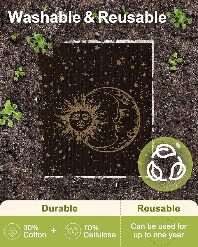 8 Pack Swedish Kitchen Dishcloths - Absorbent Reusable Dish Towels, Fast Drying, Moon Sun