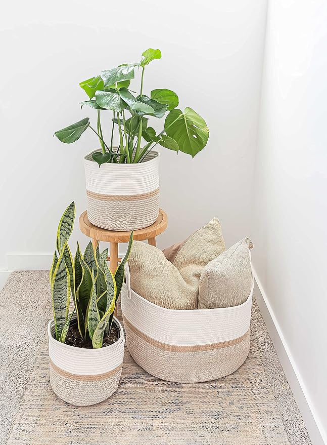 OrganiHaus Large Woven Storage Basket for Blankets and Toys 20" x 13" Inch, Rope Laundry Basket with Handles, Cushions & Pillows Storage Bin, Nursery Hamper, Soft Round Dog Toy Bin - Honey Stripe