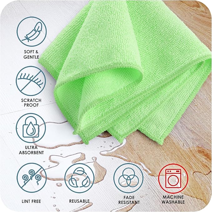 Hearth & Harbor Microfiber Cleaning Towels for Cars, 24 Pack Washcloths, Green Reusable Rags, Lint Free Cloth, 12x12 Inches