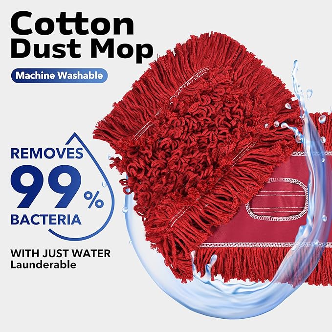 Matthew Cleaning 36'' Industrial Strength Cotton Dust Mop Refill Washable Replacement Heads for Residential & Commercial Use Fit Standard Dust Mop Frames, Hardwood, Concrete Floors Red 6 Pack
