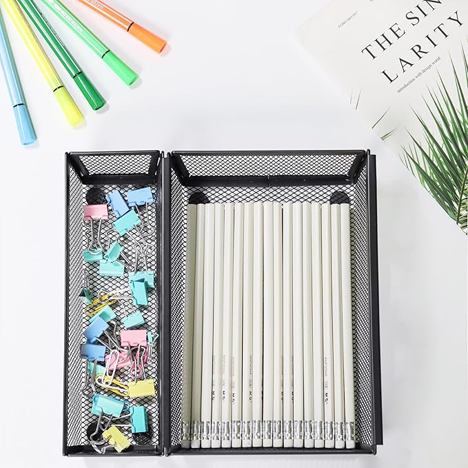 ihomecooker Mesh Tray Silverware Drawer Organizer, Utensil Cutlery Tray Office Supplies with Interlocking Arm Drawer Dividers Organizer for Flatware, Knives,Home,Office, School,Bedroom 9X6＂Black