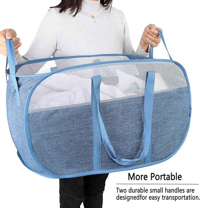 Pop Up Laundry Hamper，with Durable Handles collapsible laundry basket，Easy to Open and Fold for college Dorm,kids room，travel (blue+gray)…