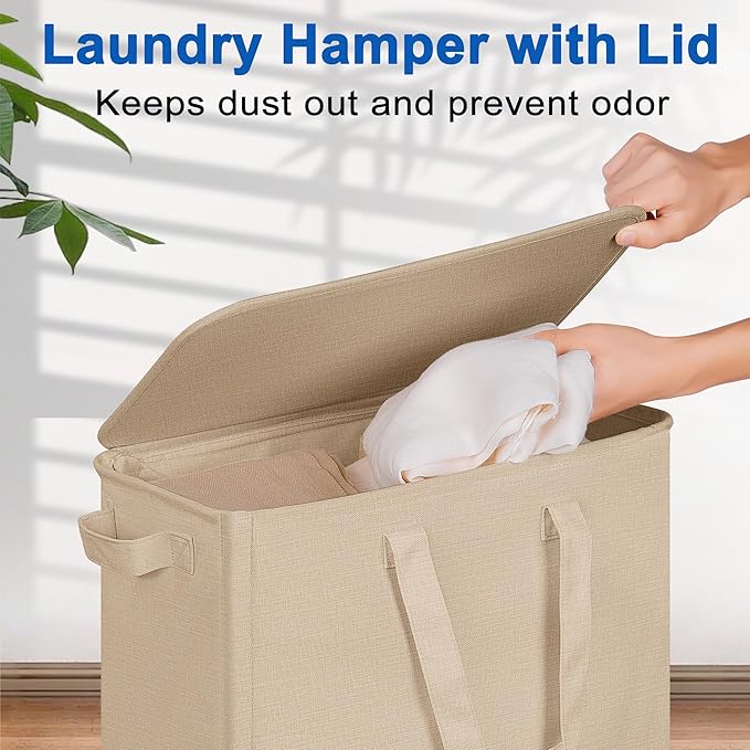 Slim Laundry Hamper with Lid and Wheels, Small Rolling Laundry Basket with Handle for Small Spaces, Tall Dirty Clothes Hampers for Dorm, Bathroom and Bedroom, 75L, Oatmeal
