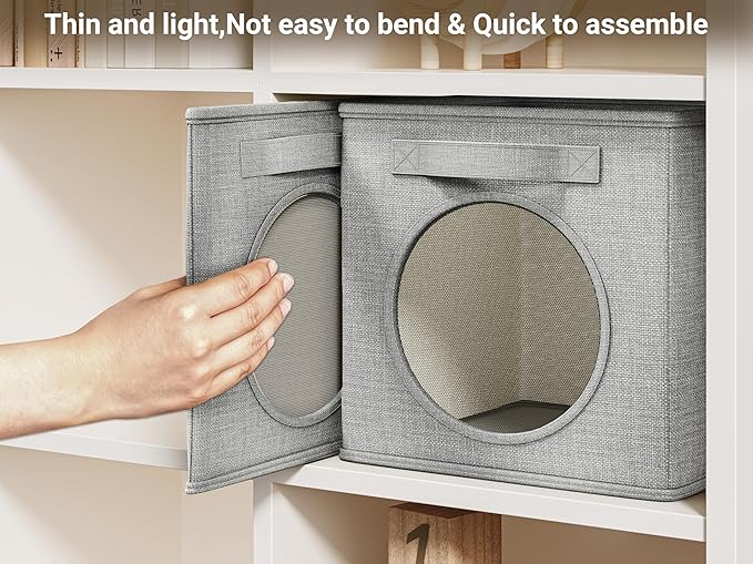Vailando Foldable Fabric Storage Cube with Round Window - 4 Pack 13"x13"x13" Collapsible Closet Organizer Bins for Clothes, Shelves, Offices, Toys & Misc, Light Gray