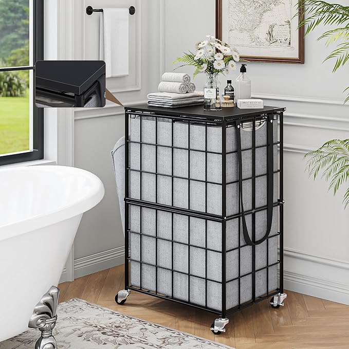 90L Laundry Basket with Wheels, Large Capacity Laundry Hamper with Removable Liner Bags, Heavy Duty Laundry Sorter with Solid Wood Lid & Leather Handles (Grey) TLH001G01