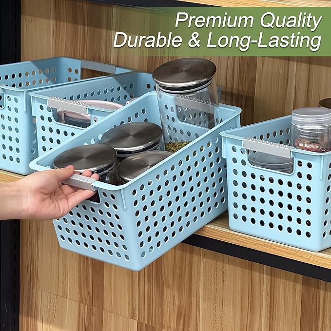 Soddeph 4 Pack Plastic Storage Basket with Handles, Small Deep Organizer Bin with Hollow Design for Under Counter, Shelf, Closet, Kitchen or Bathroom (Blue, Small)