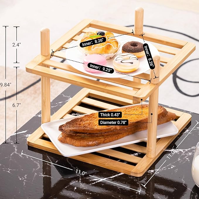 2-Tier Cabinet Organizer Shelf - Bamboo Corner Rack for Kitchen Counter, Cabinet Space Saver for Plates, Dishes, Bowls, Bread - Pantry and Bathroom Storage or Countertop(1, 6.7" H-Large)