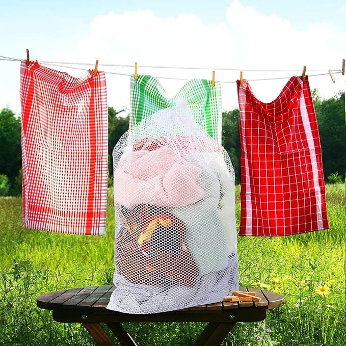 TecUnite 10 Pcs Mesh Bags Drawstring Laundry Bags Large Nylon Mesh Gift Dishwasher Bag with Sliding Drawstring for Kitchen Jewelry Gifts Wedding Favor Home(24 x 36 Inch,White)