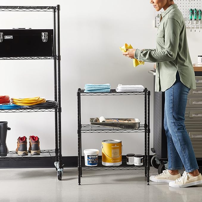 Amazon Basics 3-Shelf Adjustable Heavy Duty Steel Wire Rack Storage Shelving Organizer with Storage Space, Versatility and Ease of Use for Kitchen, Garage, 23.2" L x 13.4" W x 30" H, Black