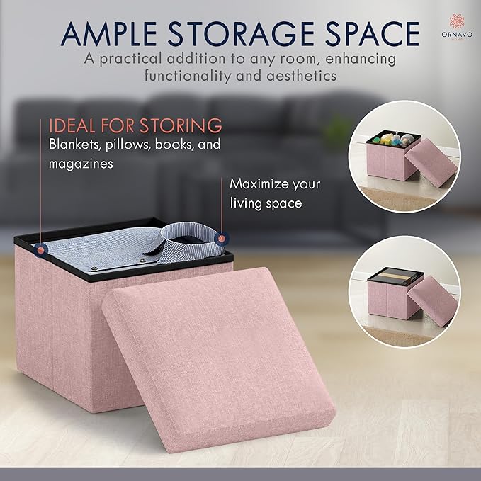 Ornavo Home Small Storage Ottoman, Set of 2 Foldable Collapsible Cube Square Linen Ottoman Foot Rest Stool Seat, for Living Room, Bedroom, Home Office, Dorm - 12 x 12 x 12, Pink