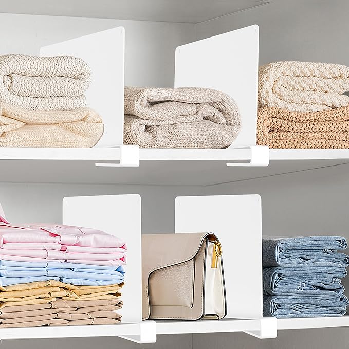 HBlife 6 Pcs White Acrylic Shelf Dividers, Vertical Purse Organizer for Closet Perfect for Sweater, Shirts, Handbags in Bedroom and Kitchen, Closet Separators for Organization Cabinet