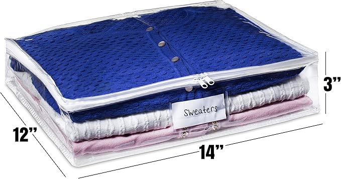 Masirs Clear Sweater Storage Bags (2-Pack) - Zippered Vinyl Organizers with Label Pocket - Protects Clothing from Dust, Dirt & Moisture - Great for Underbed, Shelves, Drawers or Closets