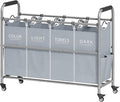Tajsoon 4 Bag Laundry Sorter Cart, 4 Section Laundry Hamper Sorter with Heavy Duty Lockable Rolling Wheels, Laundry Separator Hamper with Removable Bags for Dirty Clothes Storage, Grey & White