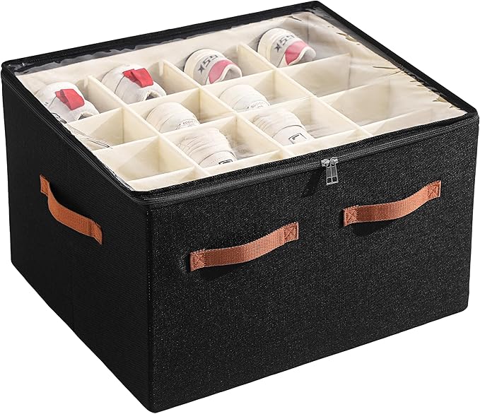 Shoe Organizer for Closet, Foldable Large Shoe Storage Box with Clear Cover, Removable Partitions and Bottom are Supported by Plastic Boards (Black, 20.5“Lx16.9 Wx13'H)