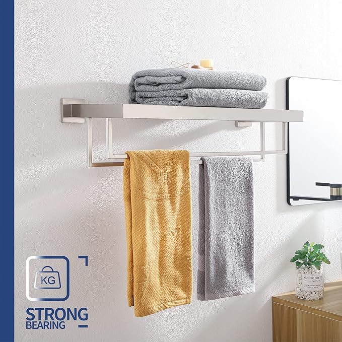 KOKOSIRI Towel Rack 24'' Bathroom Towel Shelves with Double Towel Bars SUS304 Stainless Steel Wall Mounted, Brushed Nickel, B6003BR